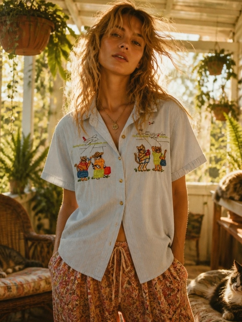 Light Blue Embroidered Short-Sleeve Button Down Shirt